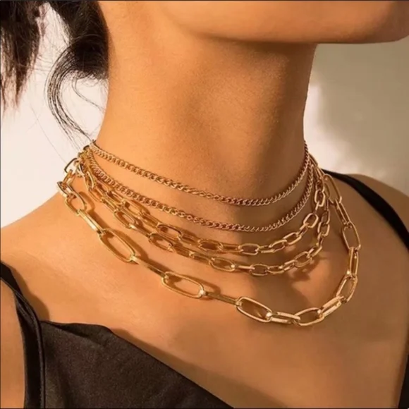 Jewelry 18k Gold Multi Layered Clavicle Chain Choker Necklace